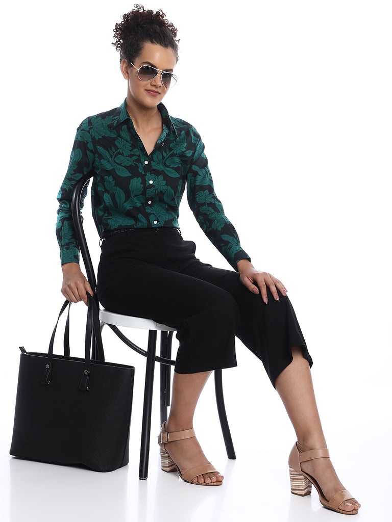 Beca Dark Green Floral Print Cotton Shirt for Women - Zurich Fit from GAZILLION - Stylised Seated Look