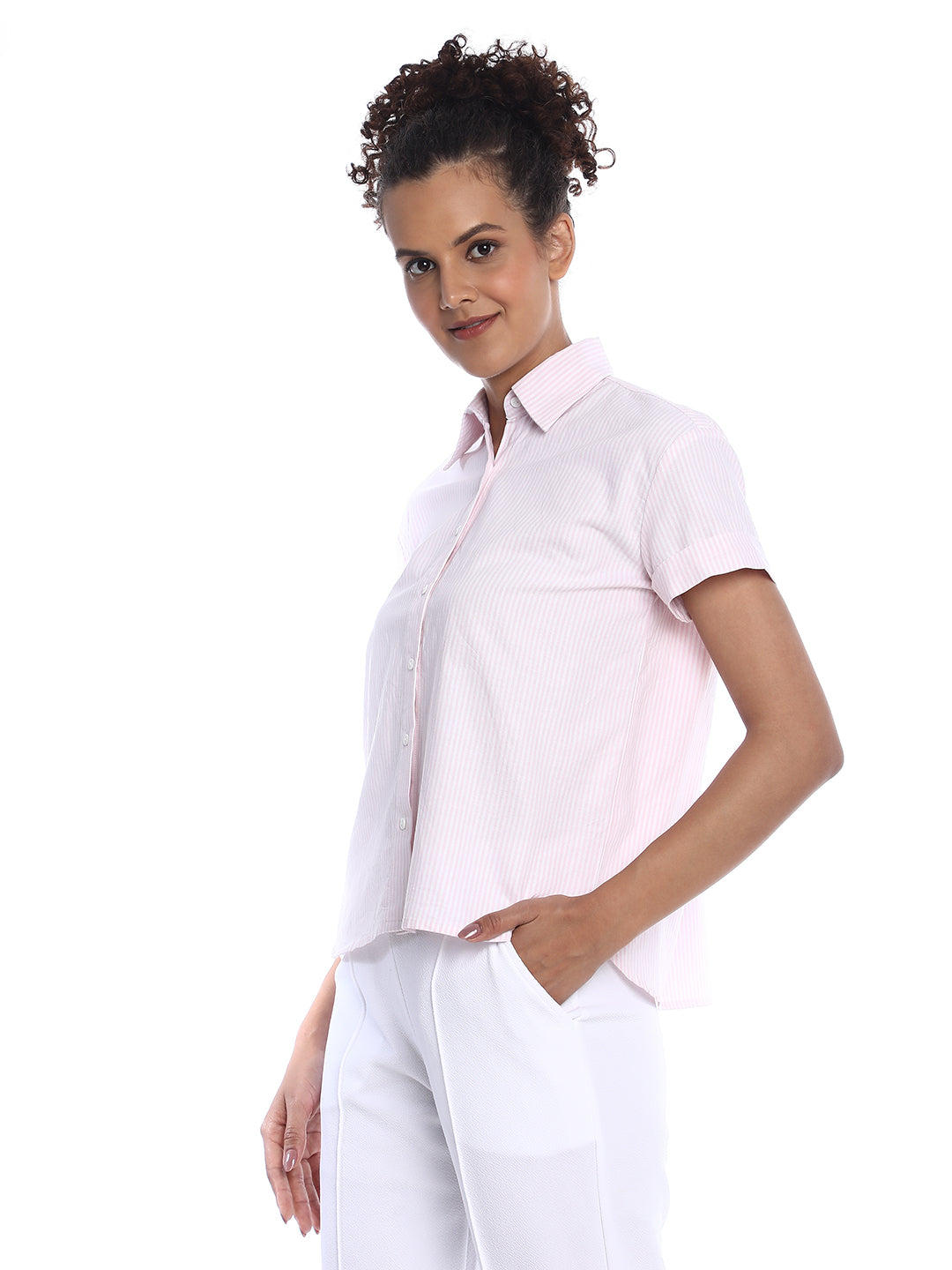 Becky Pink & White Striped Oxford Cotton Boxy Shirt for Women - Madrid Fit from GAZILLION - Left Side Look