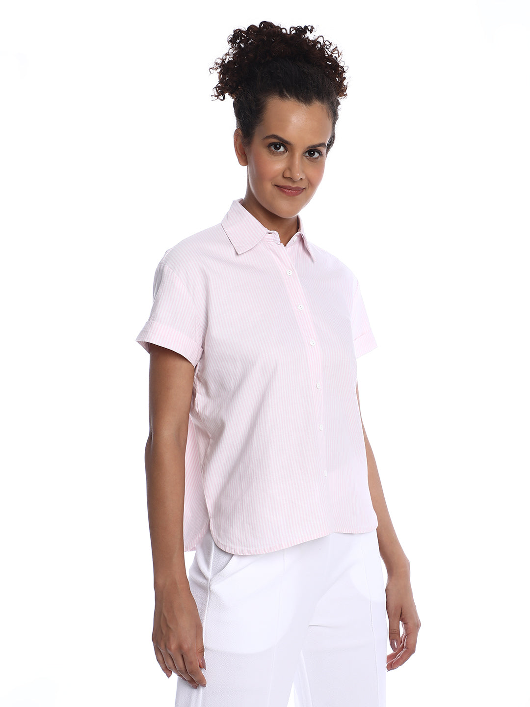 Becky Pink & White Striped Oxford Cotton Boxy Shirt for Women - Madrid Fit from GAZILLION - Right Side Look