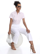 Becky Pink & White Striped Oxford Cotton Boxy Shirt for Women - Madrid Fit from GAZILLION - Stylised Seated Look