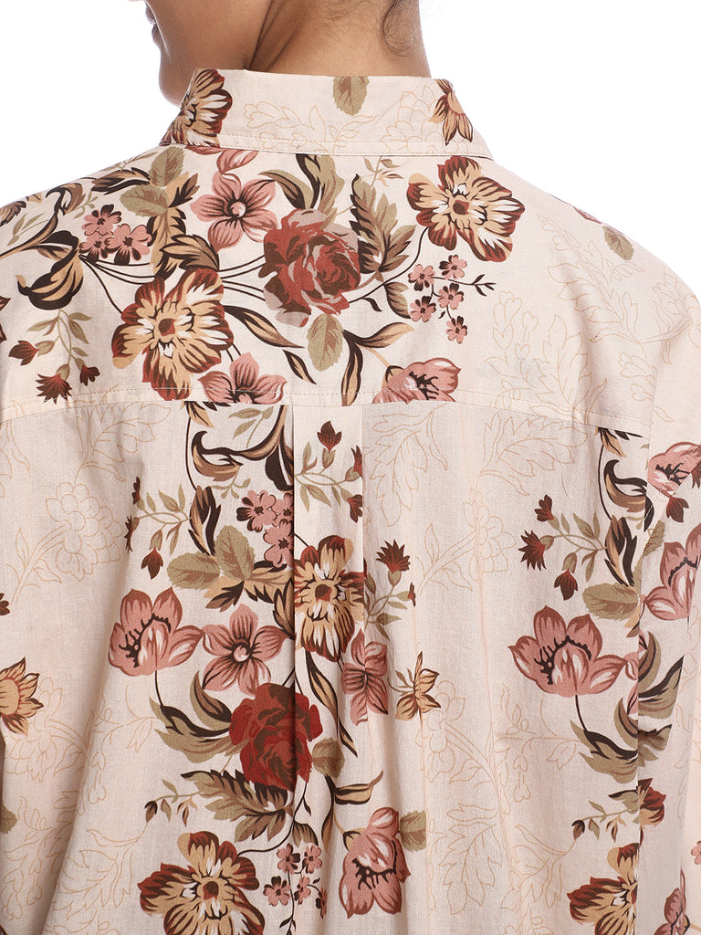 Bellora Beige Floral Print Cotton Oversized Shirt for Women - Brussels Fit from GAZILLION - Back Detail