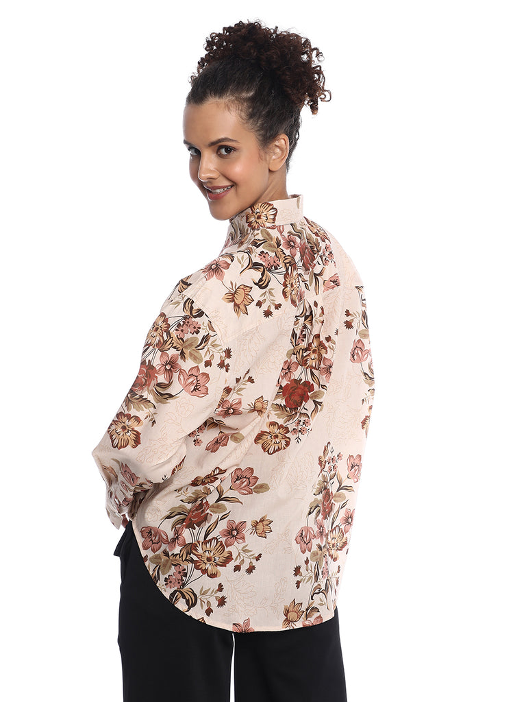 Bellora Beige Floral Print Cotton Oversized Shirt for Women - Brussels Fit from GAZILLION - Back Look