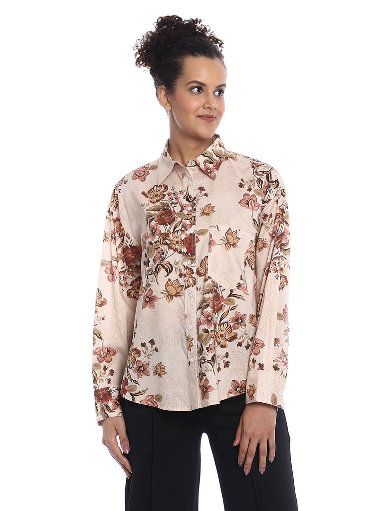 Bellora Beige Floral Print Cotton Oversized Shirt for Women - Brussels Fit from GAZILLION - Front Look