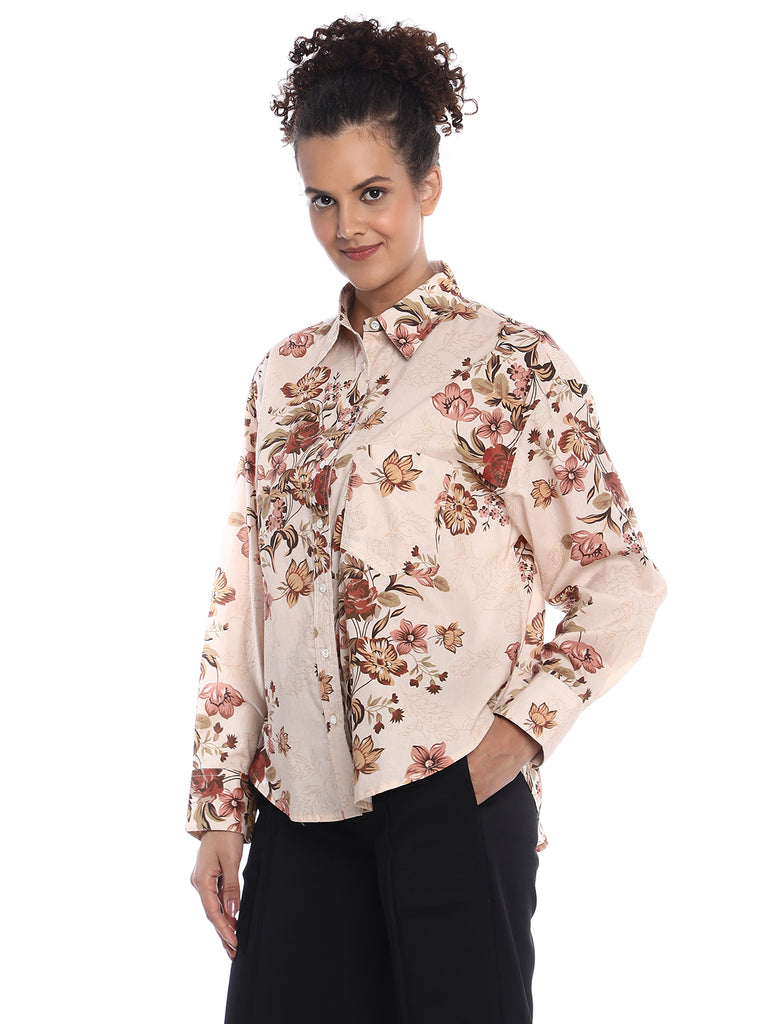 Bellora Beige Floral Print Cotton Oversized Shirt for Women - Brussels Fit from GAZILLION - Left Side Look
