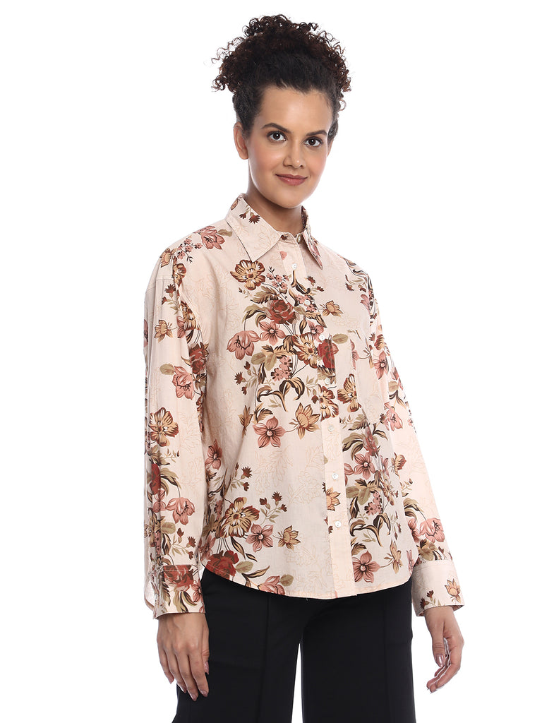Bellora Beige Floral Print Cotton Oversized Shirt for Women - Brussels Fit from GAZILLION - Right Side Look