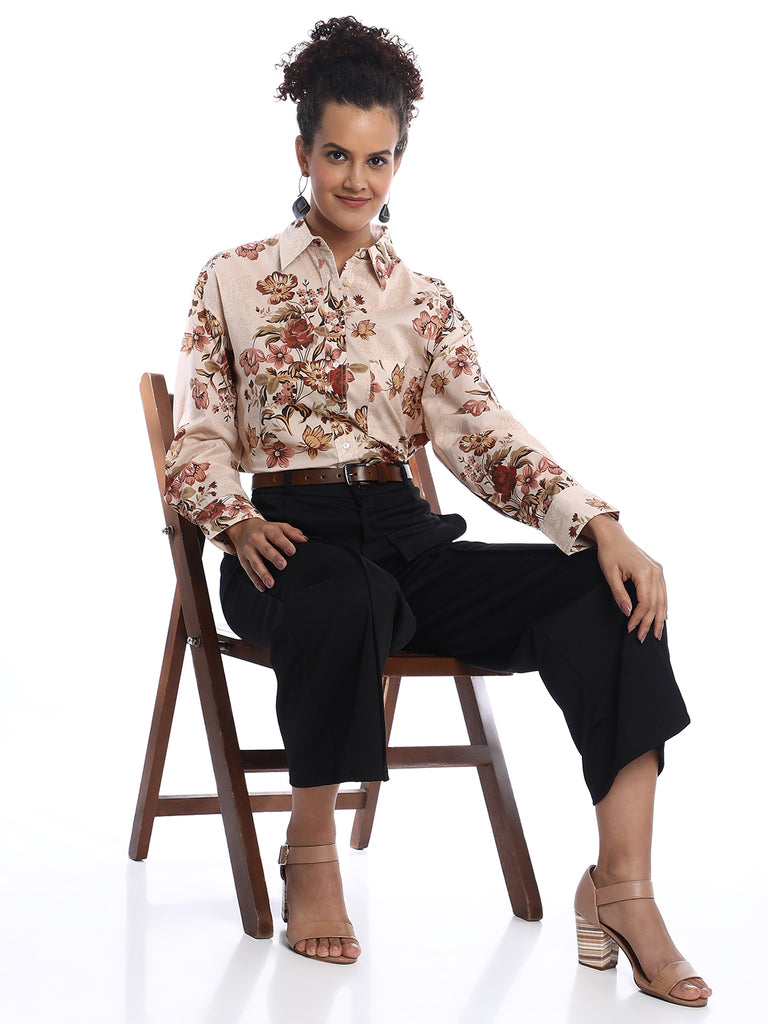Bellora Beige Floral Print Cotton Oversized Shirt for Women - Brussels Fit from GAZILLION - Stylised Seated Look