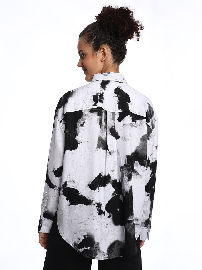 Benna Black & White Floral Print Viscose Linen Oversized Shirt for Women - Brussels Fit from GAZILLION - Back Look