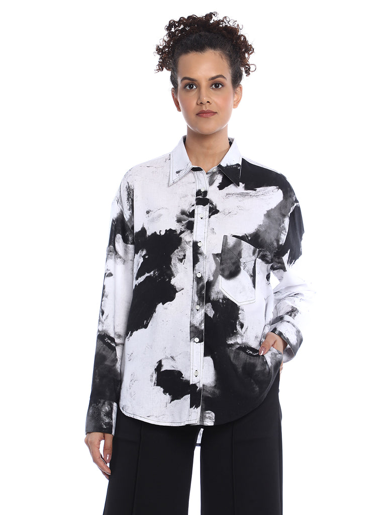 Benna Black & White Floral Print Viscose Linen Oversized Shirt for Women - Brussels Fit from GAZILLION - Front Look