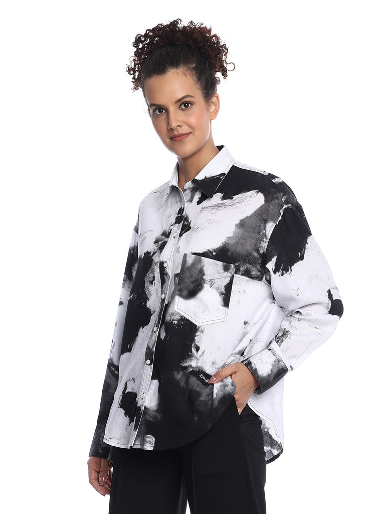 Benna Black & White Floral Print Viscose Linen Oversized Shirt for Women - Brussels Fit from GAZILLION - Left Side Look