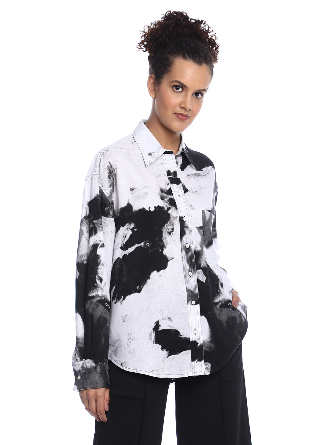 Benna Black & White Floral Print Viscose Linen Oversized Shirt for Women - Brussels Fit from GAZILLION - Right Side Look