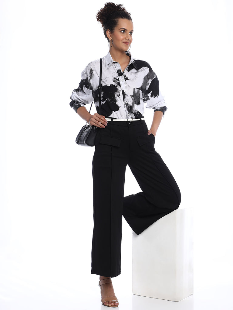 Benna Black & White Floral Print Viscose Linen Oversized Shirt for Women - Brussels Fit from GAZILLION - Stylised Standing Look