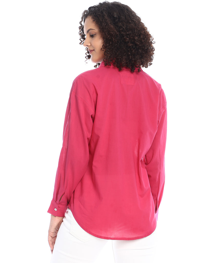 Berry Bright Pink Cotton Drop Shoulder Shirt for Women - Paris Fit from GAZILLION - Back Look