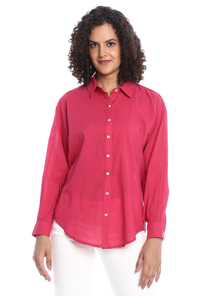 Berry Bright Pink Cotton Drop Shoulder Shirt for Women - Paris Fit from GAZILLION - Front Look
