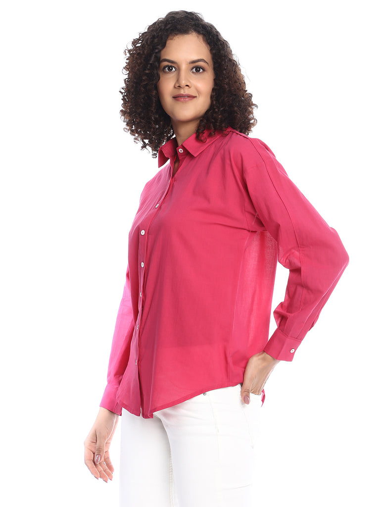 Berry Bright Pink Cotton Drop Shoulder Shirt for Women - Paris Fit from GAZILLION - Left Side Look