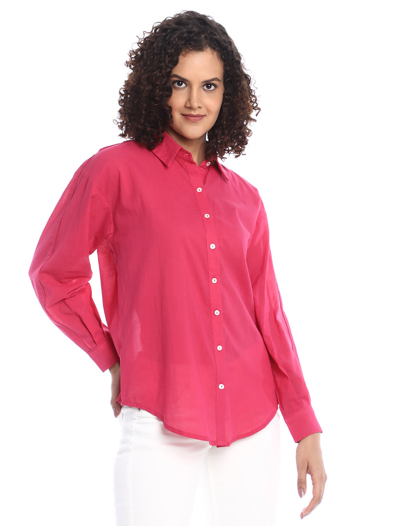 Berry Bright Pink Cotton Drop Shoulder Shirt for Women - Paris Fit from GAZILLION - Right Side Look