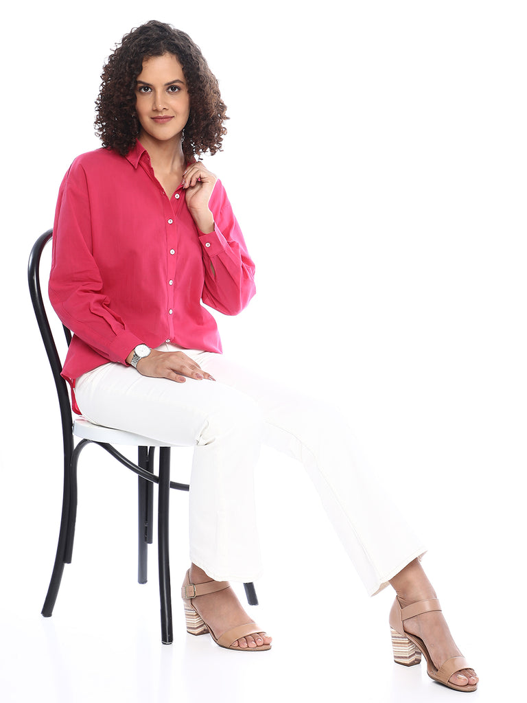 Berry Bright Pink Cotton Drop Shoulder Shirt for Women - Paris Fit from GAZILLION - Stylised Seated Look