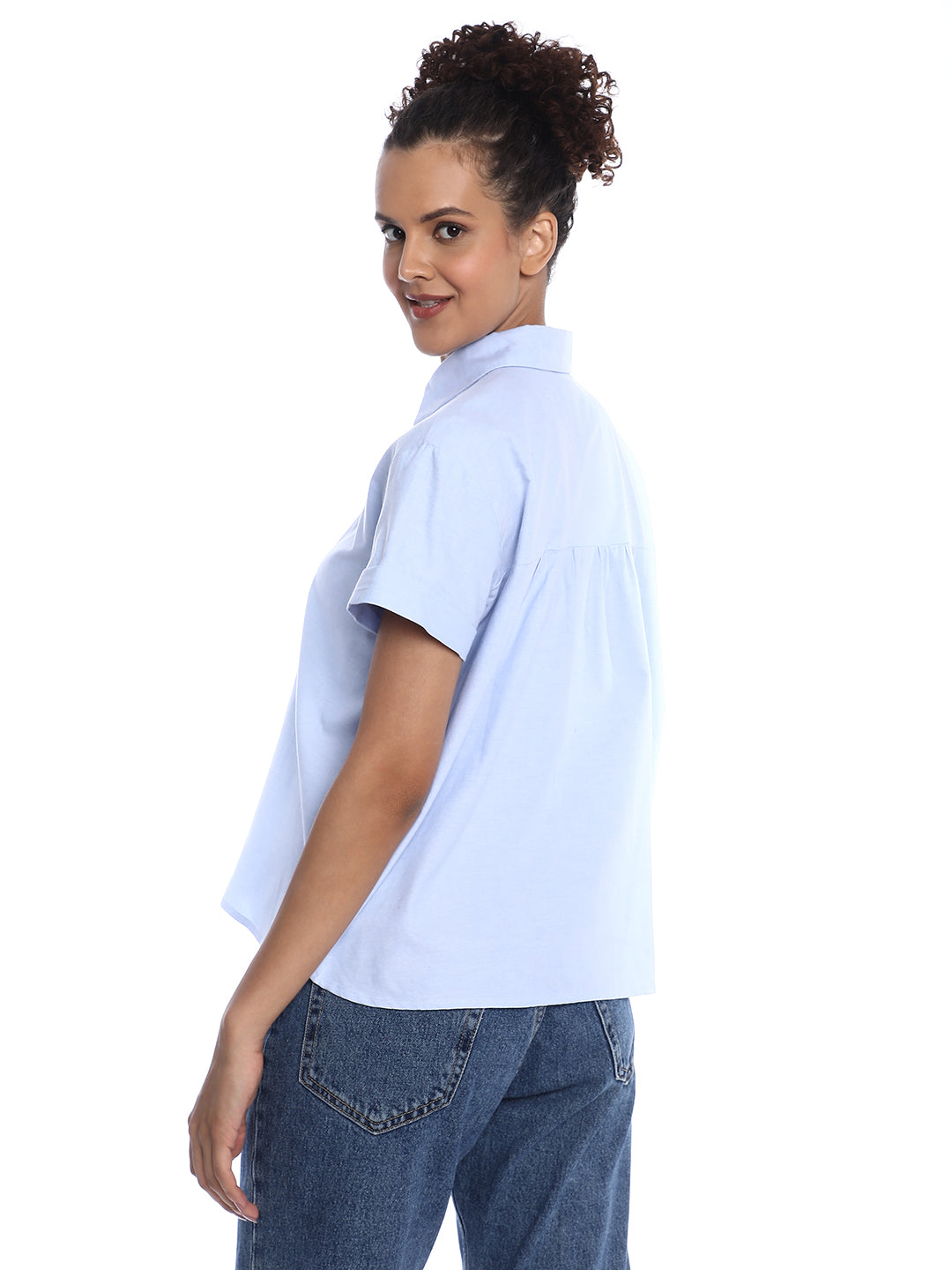 Bershka Sky Blue Oxford Cotton Boxy Shirt for Women - Madrid Fit from GAZILLION - Back Look