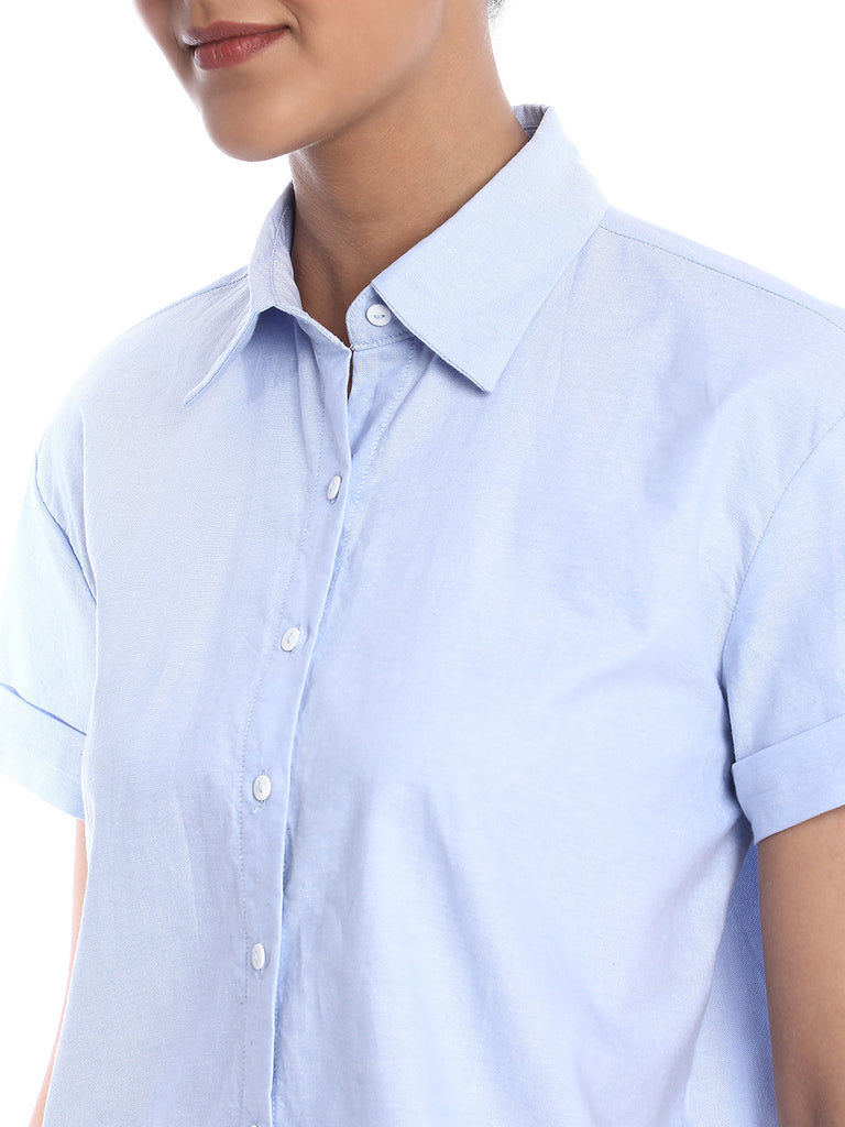 Bershka Sky Blue Oxford Cotton Boxy Shirt for Women - Madrid Fit from GAZILLION - Front Detail