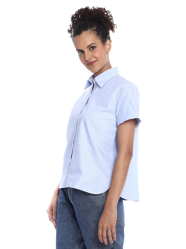 Bershka Sky Blue Oxford Cotton Boxy Shirt for Women - Madrid Fit from GAZILLION - Left Side Look