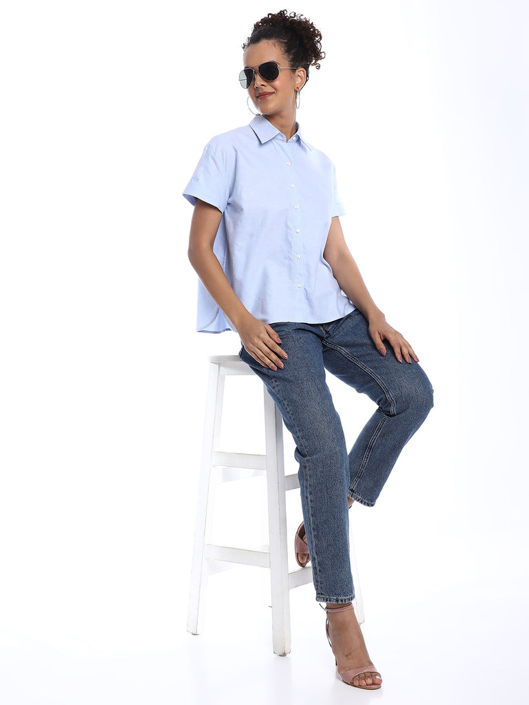 Bershka Sky Blue Oxford Cotton Boxy Shirt for Women - Madrid Fit from GAZILLION - Stylised Seated Look