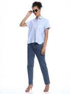 Bershka Sky Blue Oxford Cotton Boxy Shirt for Women - Madrid Fit from GAZILLION - Stylised Standing Look