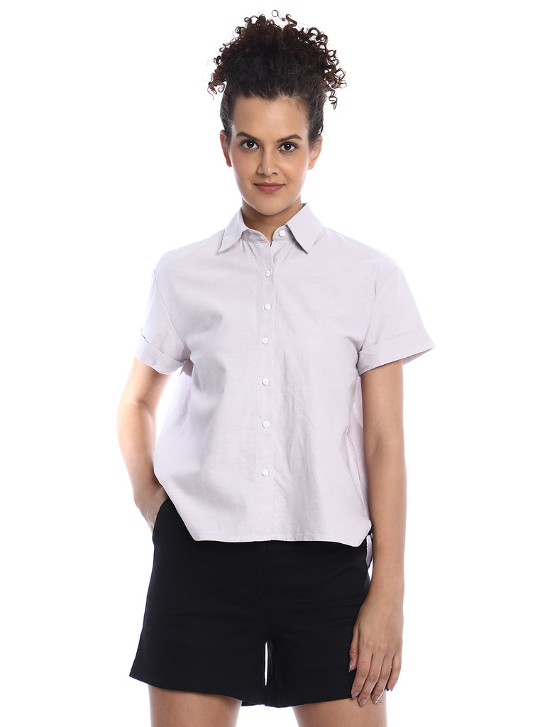 Bershka Stone Grey Oxford Cotton Boxy Shirt for Women - Madrid Fit from GAZILLION - Front Look