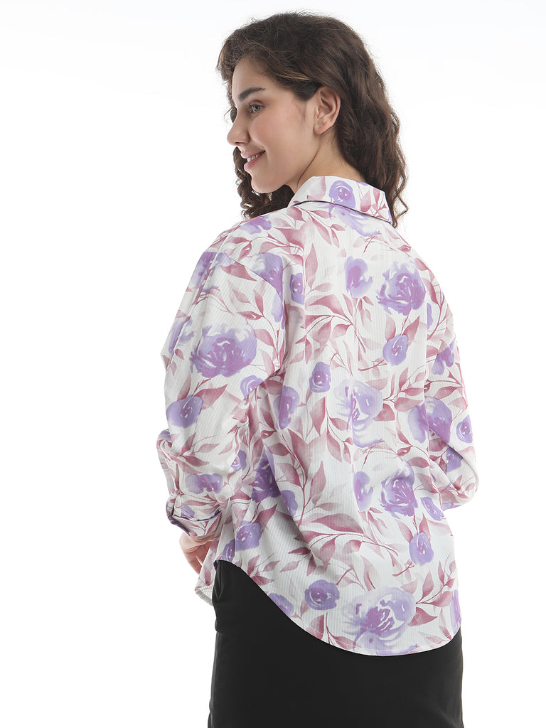 Bertie Lavender Floral Print Cotton Drop Shoulder Shirt for Women - Paris Fit from GAZILLION - Back Look