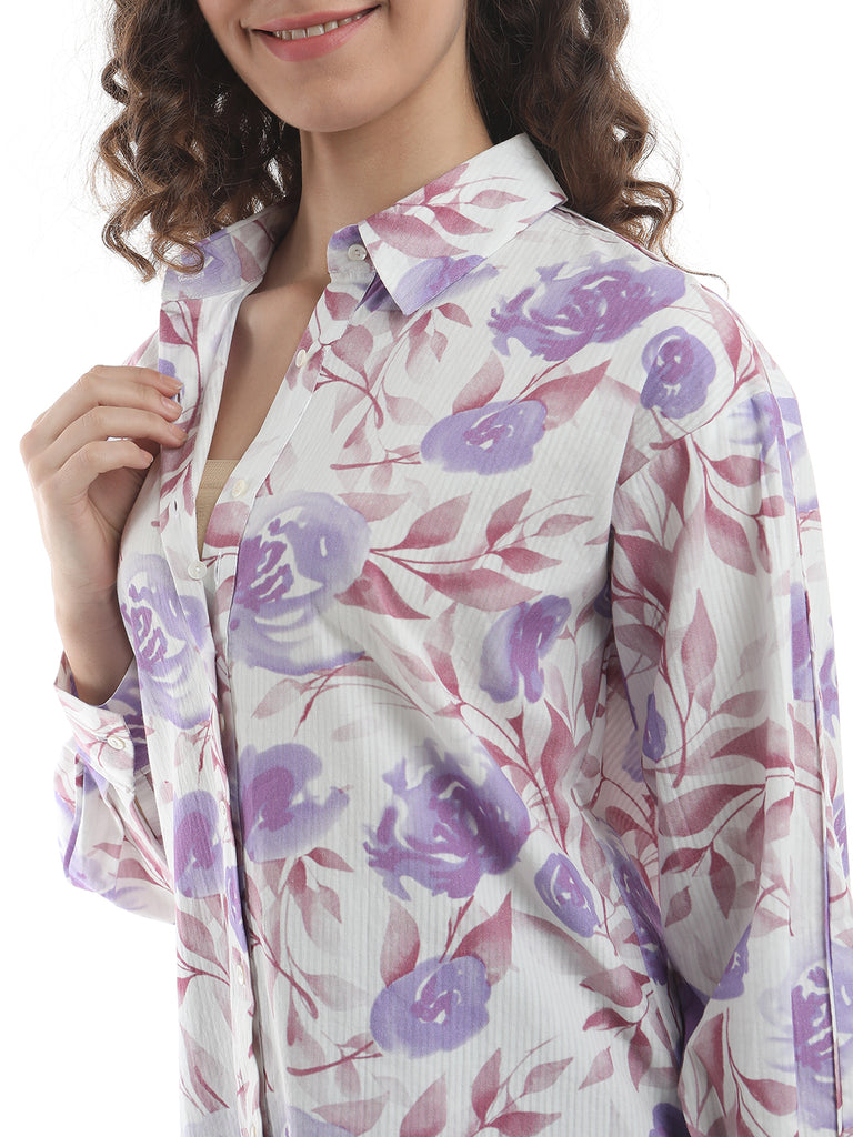 Bertie Lavender Floral Print Cotton Drop Shoulder Shirt for Women - Paris Fit from GAZILLION - Dignity Button Detail