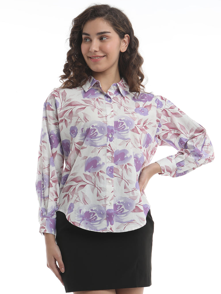 Bertie Lavender Floral Print Cotton Drop Shoulder Shirt for Women - Paris Fit from GAZILLION - Front Look