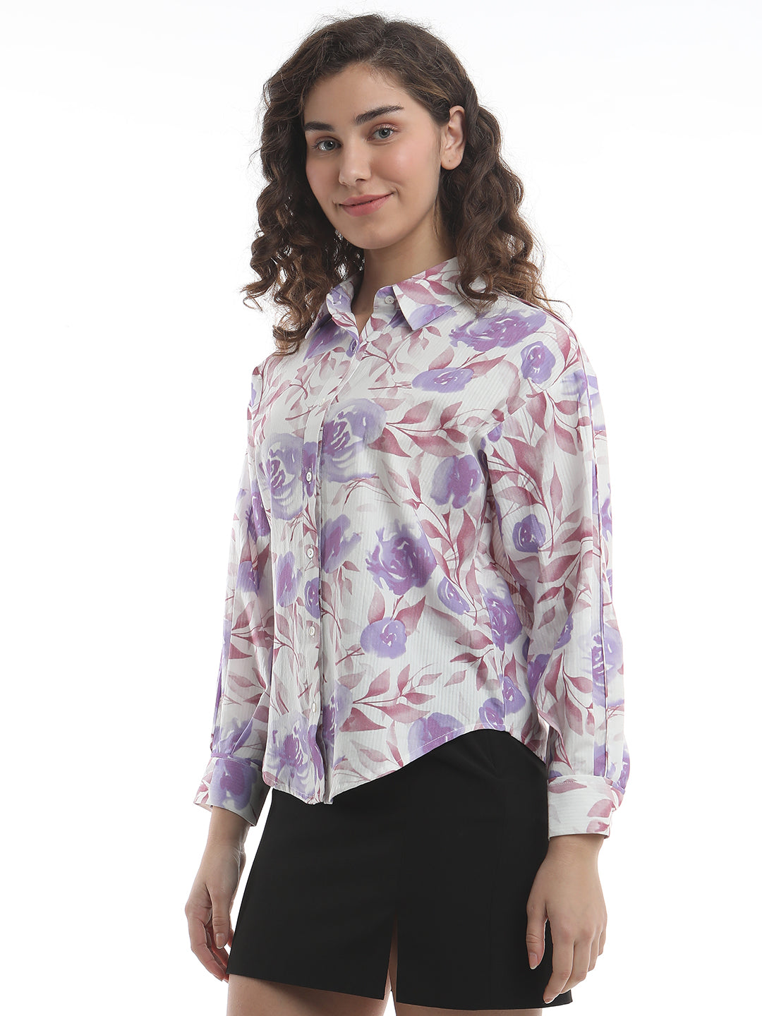 Bertie Lavender Floral Print Cotton Drop Shoulder Shirt for Women - Paris Fit from GAZILLION - Left Side Look