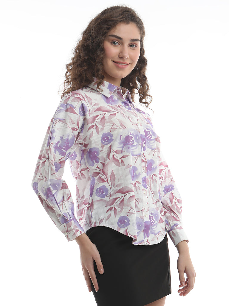 Bertie Lavender Floral Print Cotton Drop Shoulder Shirt for Women - Paris Fit from GAZILLION - Right Side Look