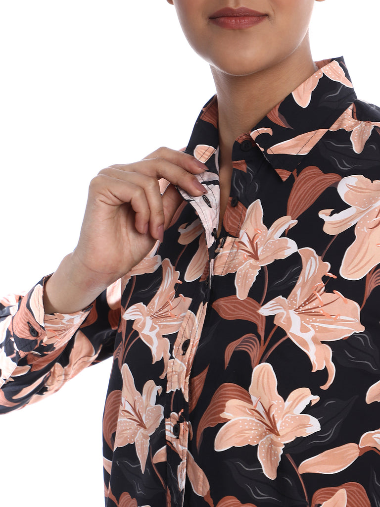 Bethany Dark Floral Print Cotton Shirt for Women - Zurich Fit from GAZILLION - Dignity Button Detail