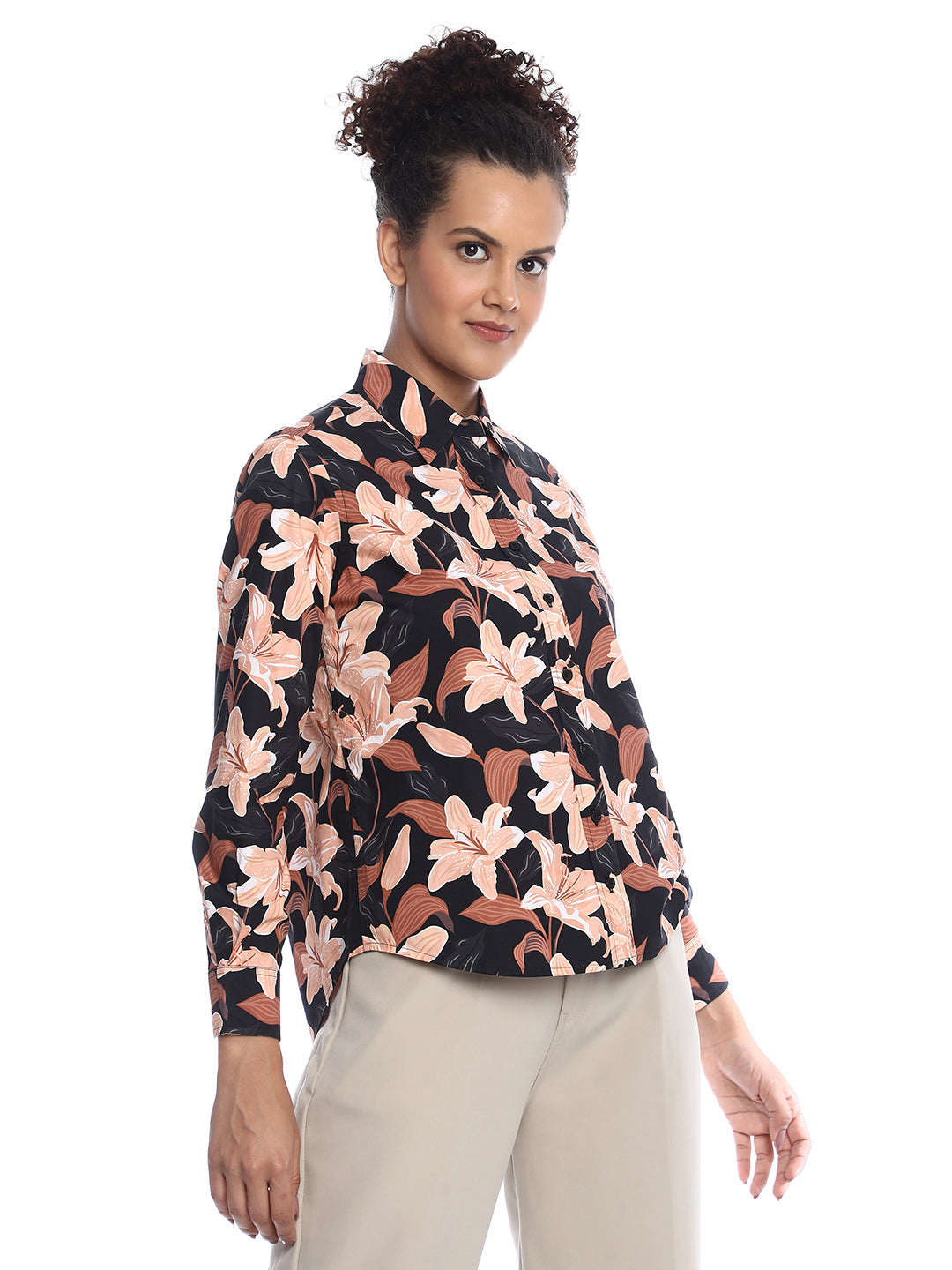 Bethany Dark Floral Print Cotton Shirt for Women - Zurich Fit from GAZILLION - Right Side Look