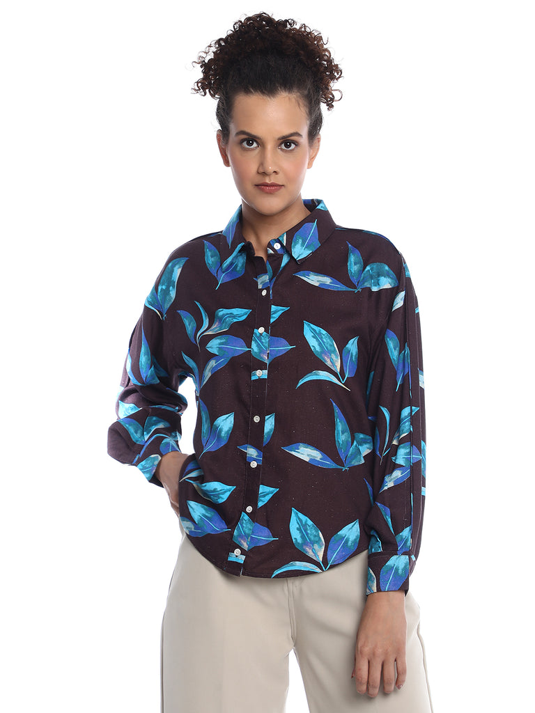 Betty Dark Floral Print Viscose Linen Drop Shoulder Shirt for Women - Paris Fit from GAZILLION - Front Look