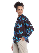 Betty Dark Floral Print Viscose Linen Drop Shoulder Shirt for Women - Paris Fit from GAZILLION - Left Side Look