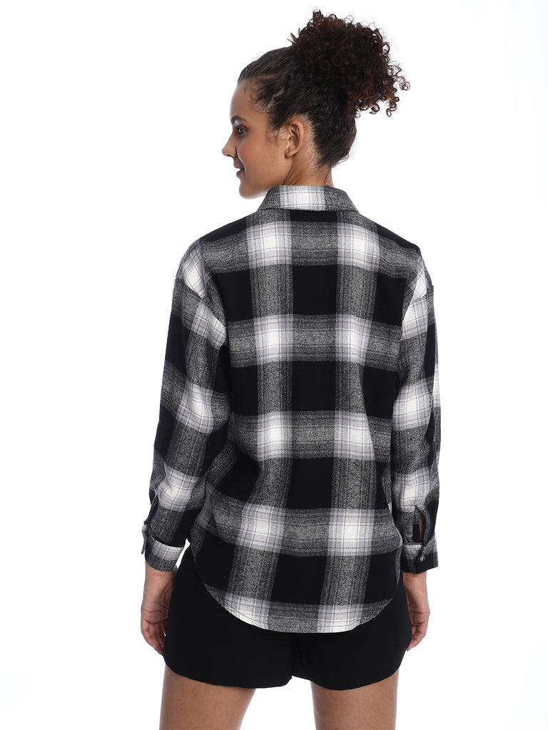 Bianca Black Brushed Cotton Checks Drop Shoulder Shirt for Women - Paris Fit from GAZILLION - Back Look