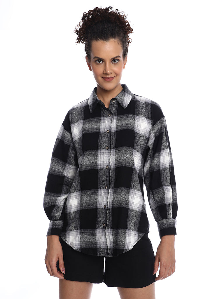 Bianca Black Brushed Cotton Checks Drop Shoulder Shirt for Women - Paris Fit from GAZILLION - Front Look