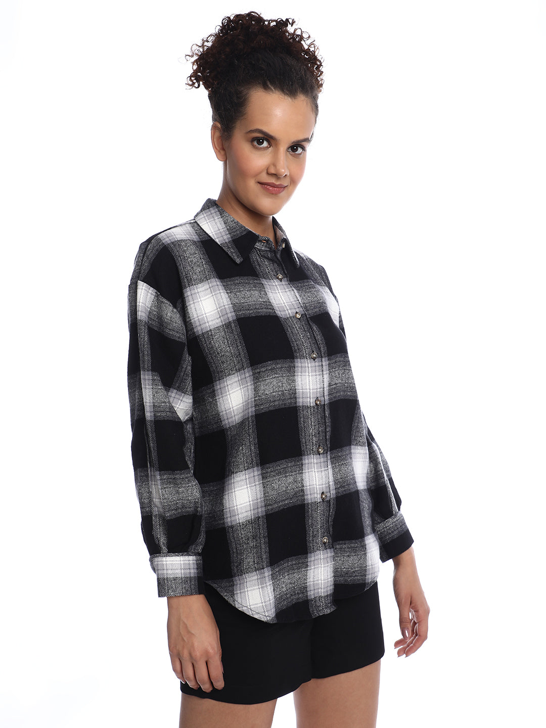 Bianca Black Brushed Cotton Checks Drop Shoulder Shirt for Women - Paris Fit from GAZILLION - Right Side Look