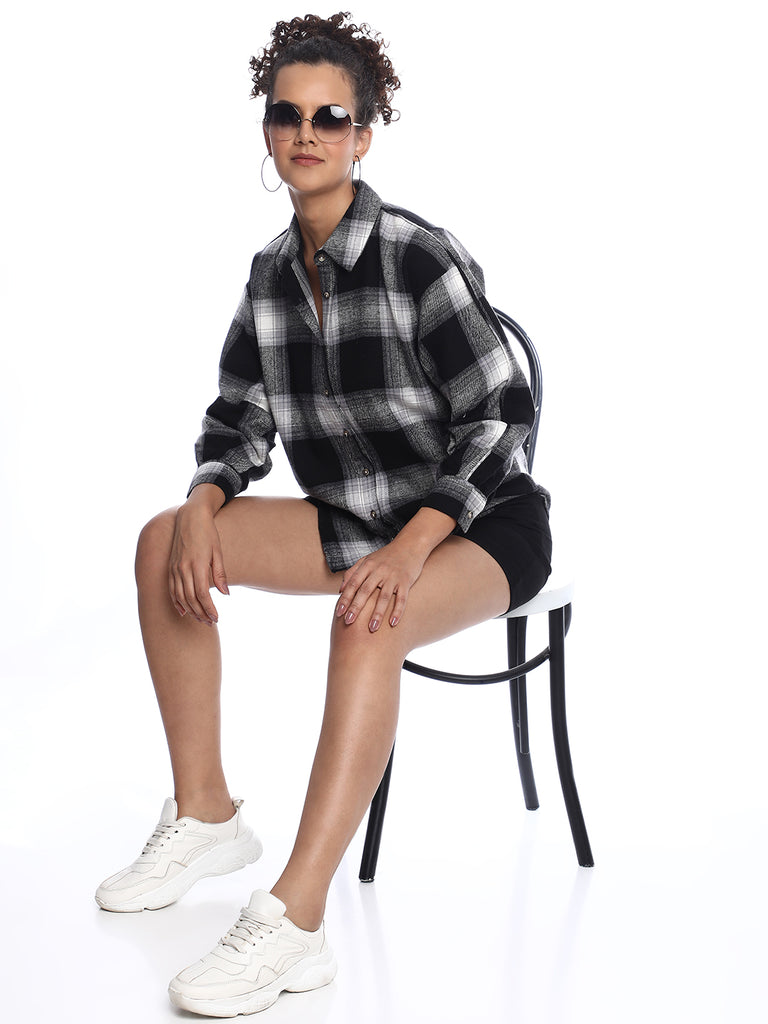 Bianca Black Brushed Cotton Checks Drop Shoulder Shirt for Women - Paris Fit from GAZILLION - Stylised Seated Look