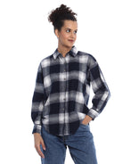 Bianca Navy Blue Brushed Cotton Checks Drop Shoulder Shirt for Women - Paris Fit from GAZILLION - Front Look