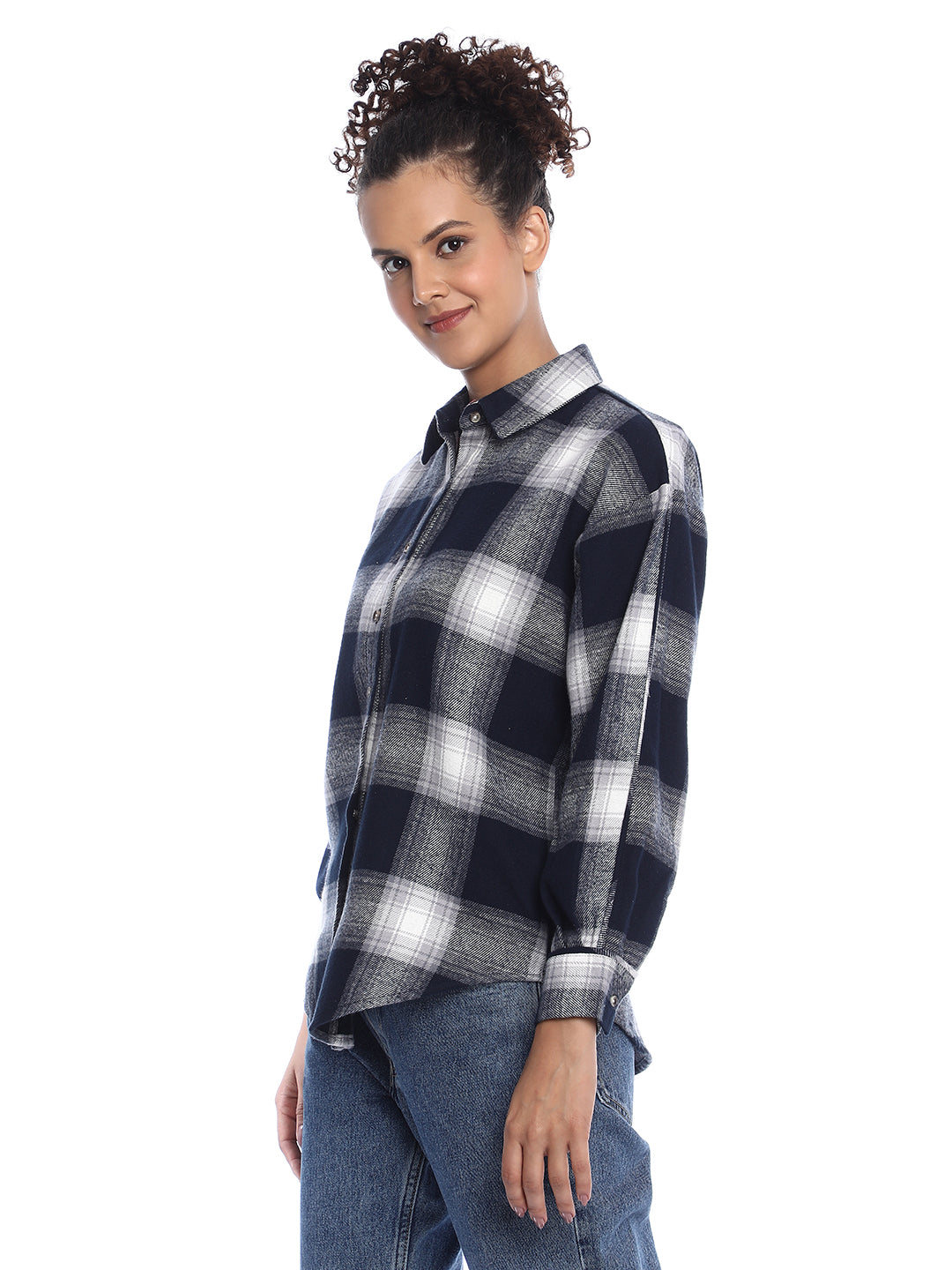 Bianca Navy Blue Brushed Cotton Checks Drop Shoulder Shirt for Women - Paris Fit from GAZILLION - Left Side Look