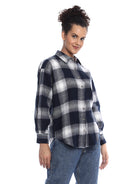 Bianca Navy Blue Brushed Cotton Checks Drop Shoulder Shirt for Women - Paris Fit from GAZILLION - Right Side Look