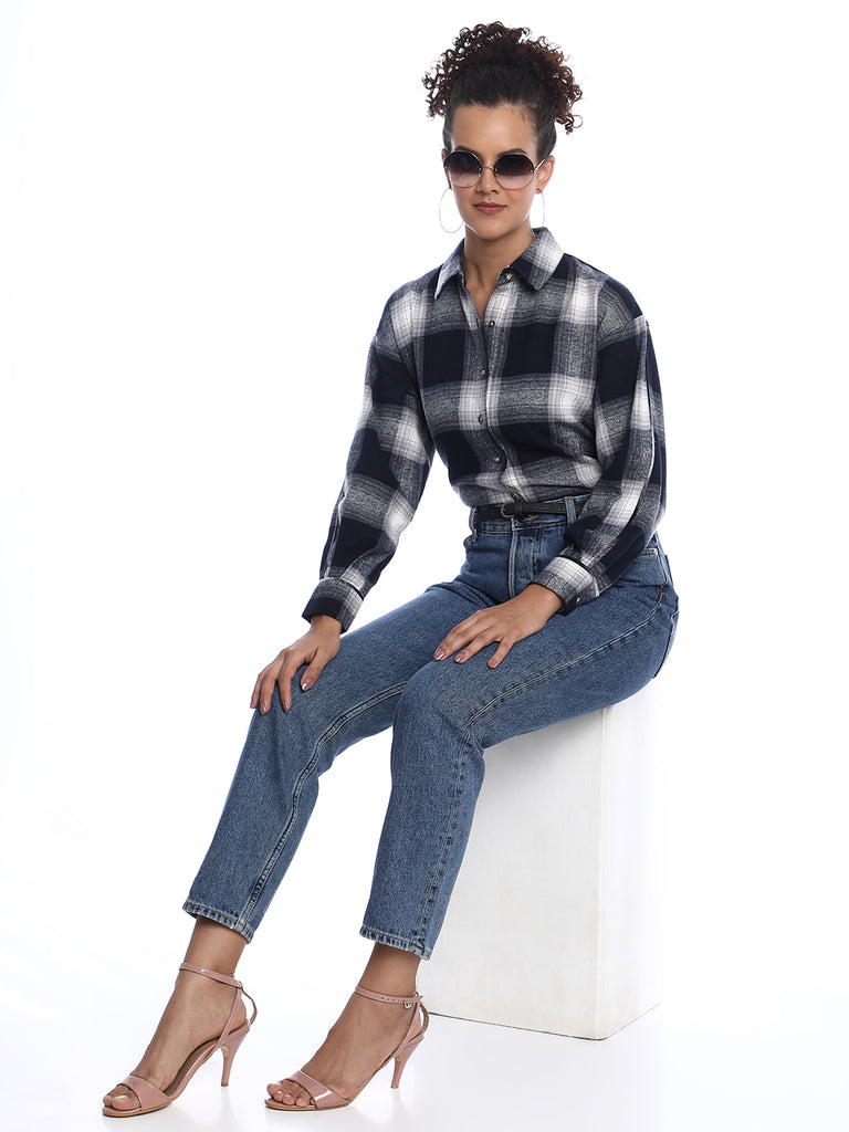 Bianca Navy Blue Brushed Cotton Checks Drop Shoulder Shirt for Women - Paris Fit from GAZILLION - Stylised Seated Look