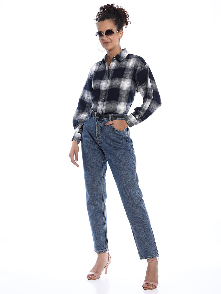 Bianca Navy Blue Brushed Cotton Checks Drop Shoulder Shirt for Women - Paris Fit from GAZILLION - Stylised Standing Look