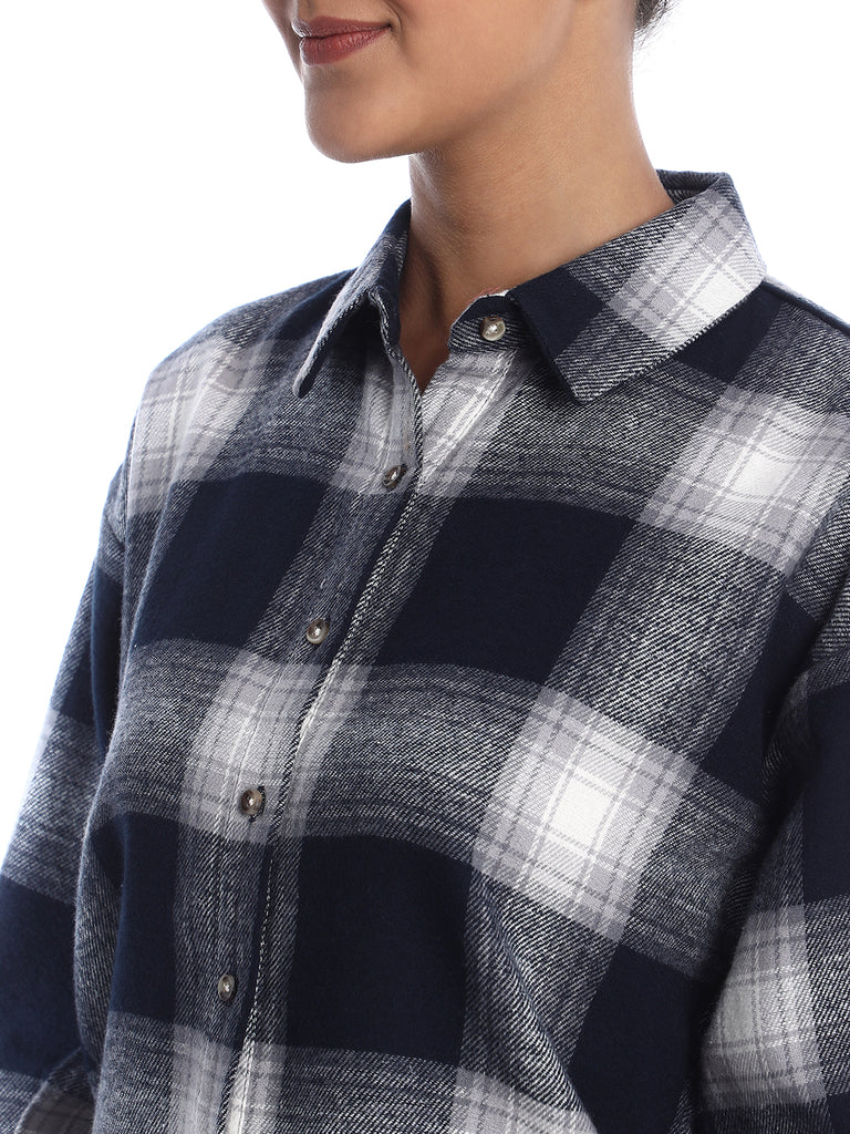 Bianca Navy Blue Brushed Cotton Checks Drop Shoulder Shirt for Women - Paris Fit from Gazillion - Front Detail