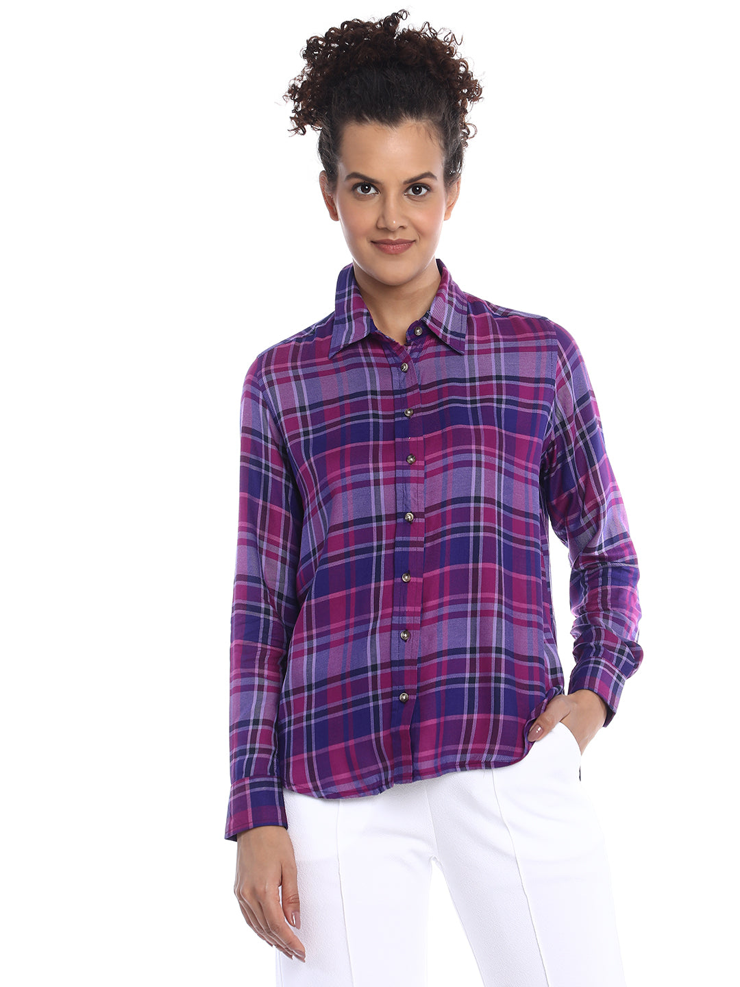 Bina Purple Checks Soft Viscose Shirt for Women - Zurich Fit from GAZILLION - Front Look