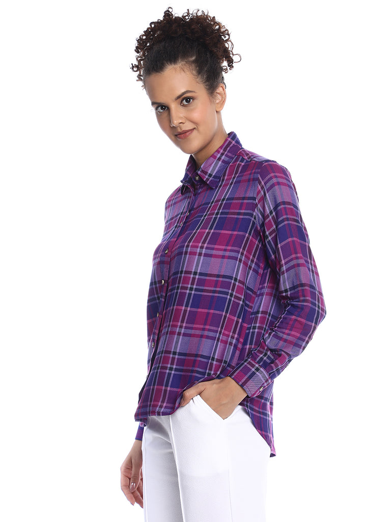 Bina Purple Checks Soft Viscose Shirt for Women - Zurich Fit from GAZILLION - Left Side Look