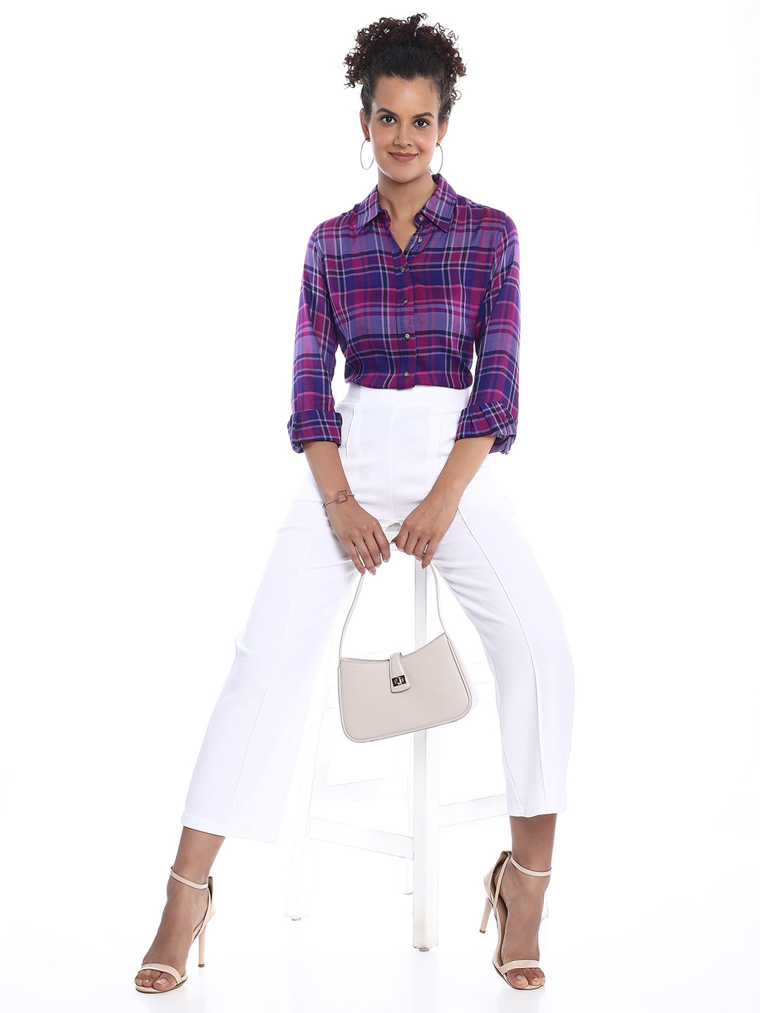 Bina Purple Checks Soft Viscose Shirt for Women - Zurich Fit from GAZILLION - Stylised Seated Look