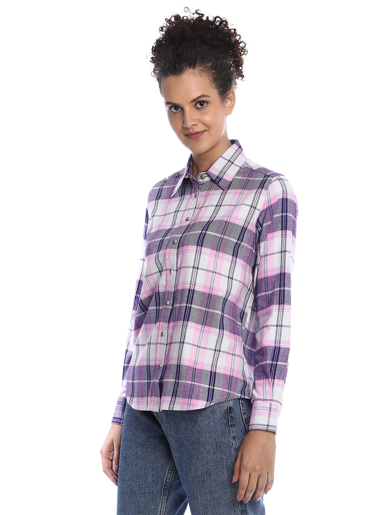 Binny Purple & Pink Checks Soft Cotton Viscose Shirt for Women - Zurich Fit from GAZILLION - Left Side Look