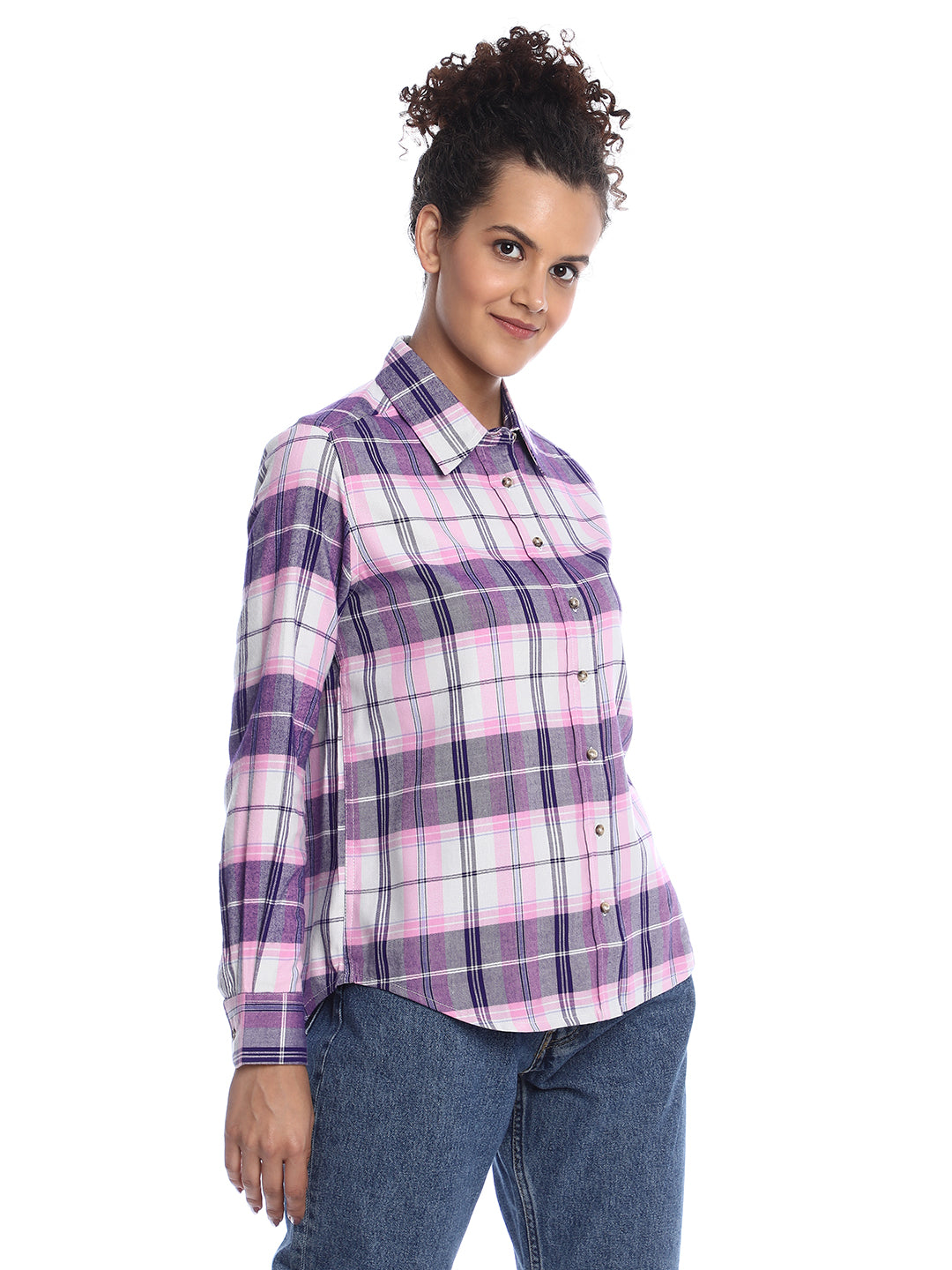 Binny Purple & Pink Checks Soft Cotton Viscose Shirt for Women - Zurich Fit from GAZILLION - Right Side Look